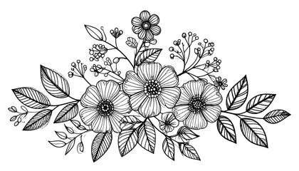 Fototapeta premium Black and white floral illustration featuring detailed line art of blossoms, leaves, and various botanical elements