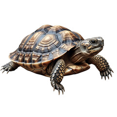 A close-up view of a turtle with a detailed shell pattern standing on a white background