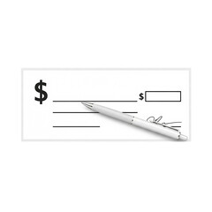A blank check with a pen lying across it, ready to be filled out.