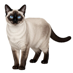A sleek and elegant siamese cat standing on a white background