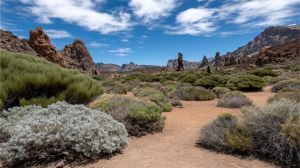 Obraz premium Rugged rocks stand tall in a green landscape with plants and trees under a clear blue sky showcasing natural beauty