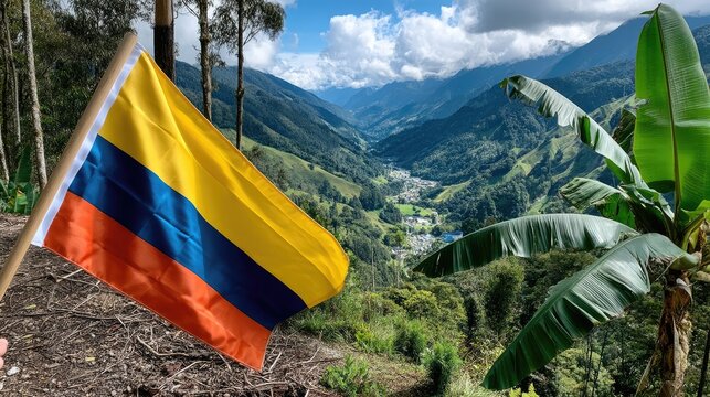 Flag on wooden pole waves in wind atop colina mountain with view over green valley and distant mountains under cloudy sky