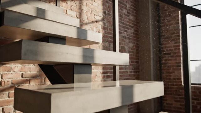 Modern concrete staircase with l railing in an industrial loft space with brick wall and large