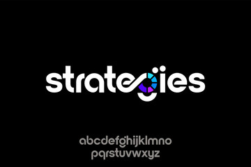 Obraz premium Creative strategies wordmark with abstract colorful eye icon on black background.