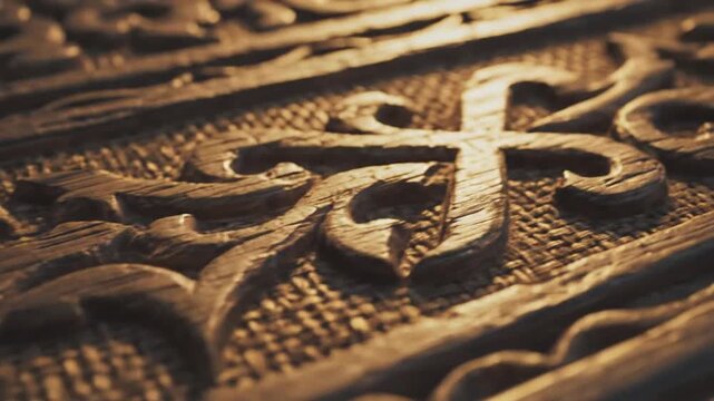 Ornate carved wooden motif in warm sunset light showing engraved floral patterns