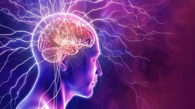 Medical illustration of Epilepsy, a chronic neurological disorder characterized by recurrent, unprovoked seizures caused by abnormal electrical activity in the brain. Covers seizure types, diagnosis, 