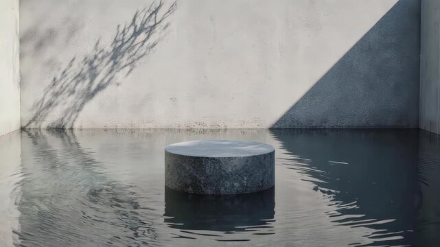 A sleek, circular grey basalt stone podium sitting in the center of a calm water pond. Soft ripples moving outward. Background is a minimalist concrete wall with a branch shadow casting over it. 
