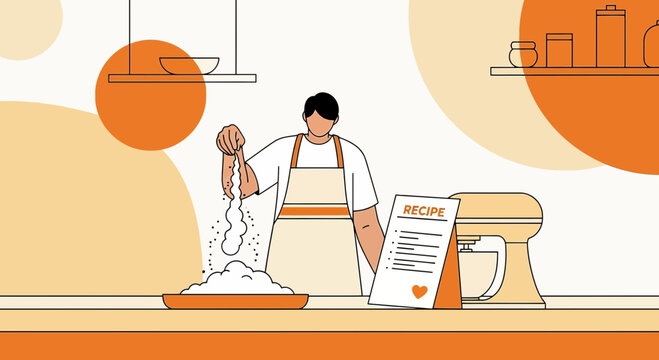 Baker Adding Flour to Bowl with Recipe and Mixer