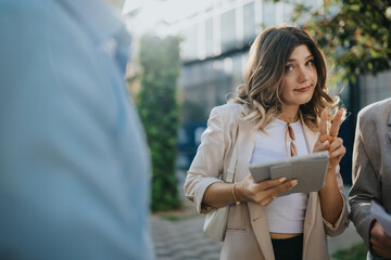 Fototapeta premium A professional woman outdoors holding a tablet and making a peace sign. She stands in a city setting, ready for business or collaboration.