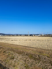 青い空と収穫後の枯れた田園