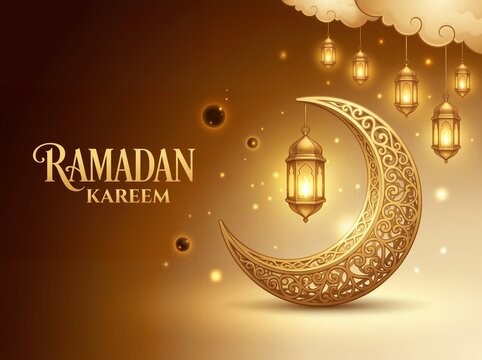 Ramadan Kareem greeting card with crescent moon and lanterns.
