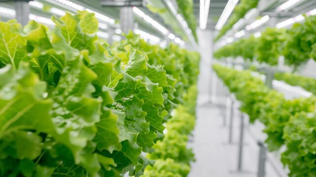 Leafy vegetables growing in modern vertical farm. Healthy produce grown on multiple levels. Hydroponics green lettuce plots. High technology farming. Fertigation system. Veggie planted in small space