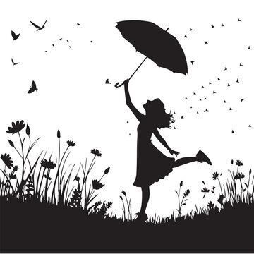 Silhouette of a woman and child with an umbrella dancing on the grass near a tree in a summer nature vector illustration