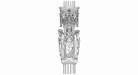 Ornate column capital featuring three regal figures in line-drawing style