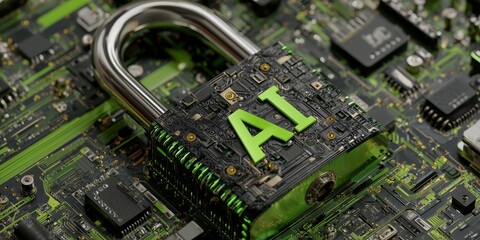 Digital security concept: padlock labeled AI on green circuit board, representing protected artificial intelligence systems