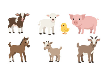 Fototapeta premium Set of six baby farm animals including a calf, lamb, chick, foal, and two goats, all depicted in a charming cartoon illustration style