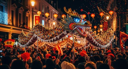 Obraz premium Night street scene of a Chinese New Year parade, illuminated by lanterns and a dragon