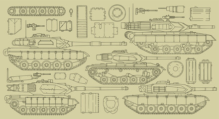 Obraz premium Detailed technical blueprints and schematics of various military tank models showcasing intricate design and engineering for defense industry applications