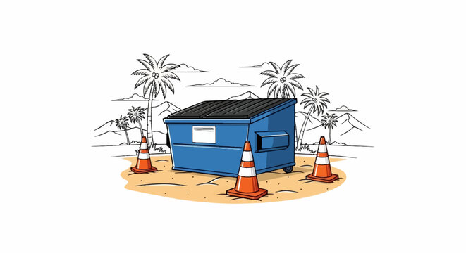 A blue dumpster sits on a sandy beach, surrounded by traffic cones