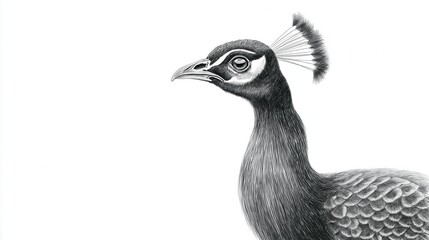 Fototapeta premium Upsketch style pencil illustration of a peacock with intricate feather details, showcasing its distinctive head and neck against a clean white background