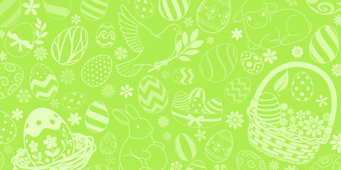 Bright green background with white Easter eggs, bunnies, and flowers, creating a festive and playful atmosphere.