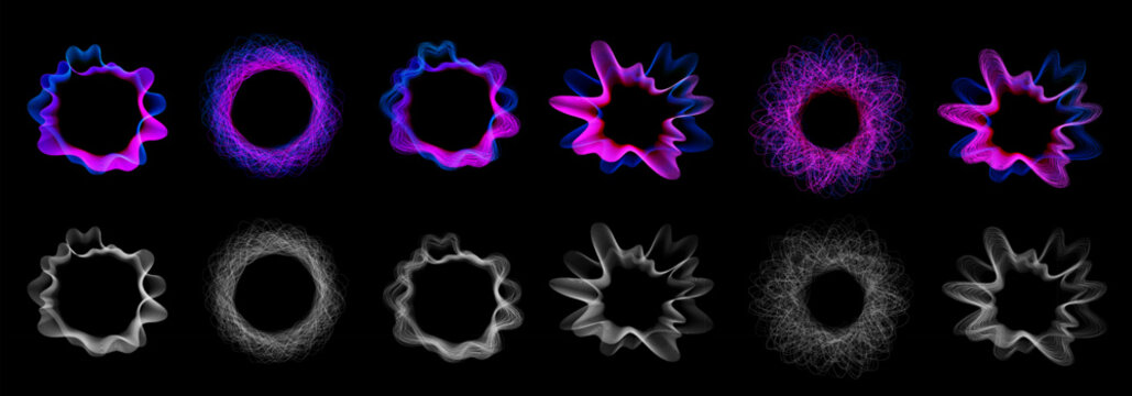 Set of Vector Colorful Glowing Neon Sound Wave vibrations. Circular Sound Laser Lines. Abstract Glowing Soundwave Elements for Music Poster, Cover, Banner.
