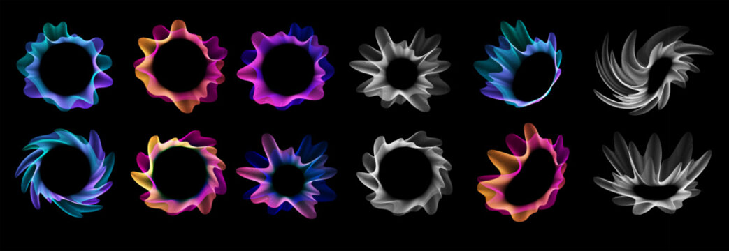 Set of Vector Colorful Glowing Neon Sound Wave vibrations. Circular Sound Laser Lines. Abstract Glowing Soundwave Elements for Music Poster, Cover, Banner.