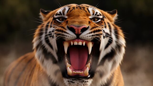 Close-up of a roaring tiger's face, revealing sharp teeth and pink tongue