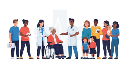 Fototapeta premium Diverse Community Healthcare Support: Doctors, Nurses, Elderly Patient, Families & Children Receiving Medical Care & First Aid Services