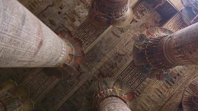 Egypt. Esna temple hypostyle hall with massive painted columns and colorful hieroglyphic reliefs on ceiling in Egypt, ancient Roman-era architecture with preserved pigments and carvings.