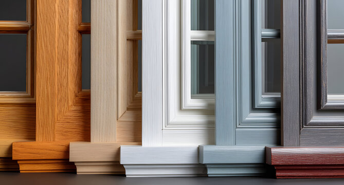 Variety of modern window and door frame samples showing different wood and vinyl finishes colors