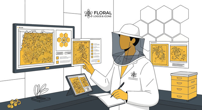 Beekeeper Analyzing Data on Computer Screen with Honeycomb Graphics