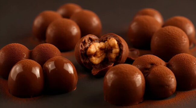 Delicious milk chocolate covered nut candies arranged on a dark background