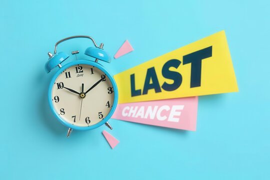 Blue alarm clock with yellow and pink last chance signs on a bright blue background, concept of time running out for a sale or offer