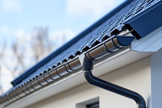 Close-up of a seamless aluminum gutter fixed along a modern roof edge. Home drainage and exterior construction concept.