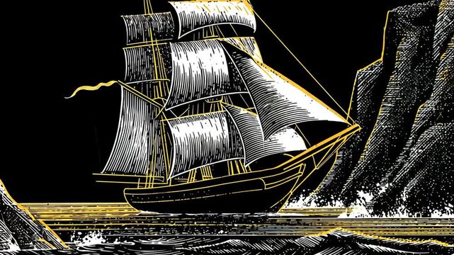 Vintage Sailing Vessel Illustration: Black and White Tall Ship Art and Nautical Adventure on the Ocean