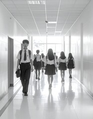 Black and white photograph captures high school students walking down a hallway, some facing the camera, others with backs to it
