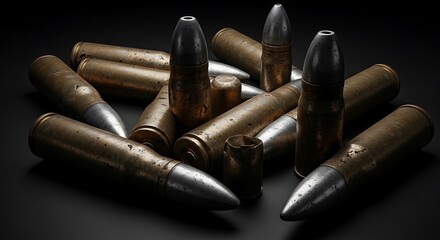 Close up of metallic rifle bullets arranged on a dark surface