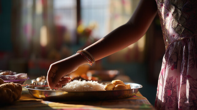 Raksha Bandhan, Indian Woman Performing Raksha Bandhan Ritual Placing Tilak and Offering Sweets to Brother