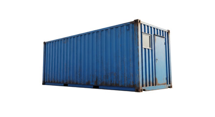 A blue shipping container with a window and door, isolated on a white background.
