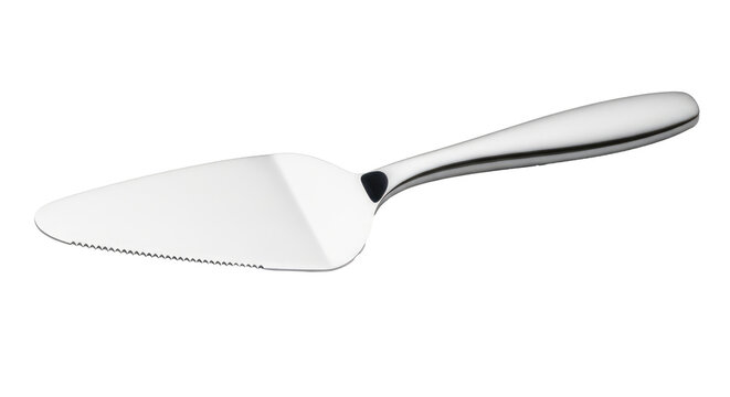 A stainless steel cake server with a smooth, curved blade and a sleek, polished handle.
