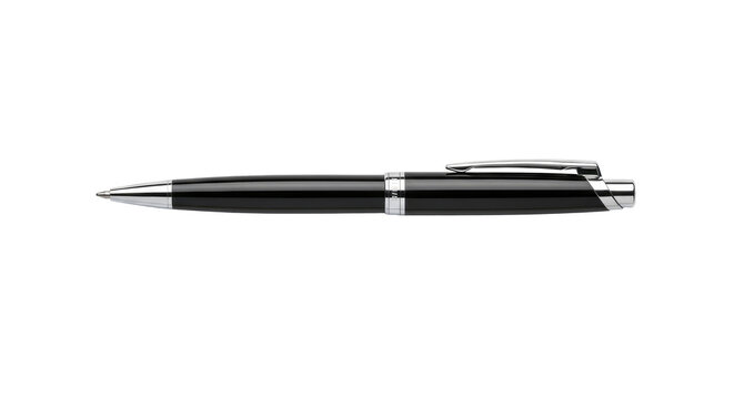 A sleek, black ballpoint pen with a chrome-plated clip and cap, set against a white background.