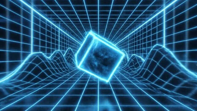 A glowing blue digital cube rotates through a futuristic neon grid tunnel with undulating terrain.