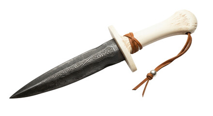 A knife with a bone handle and a leather strap.