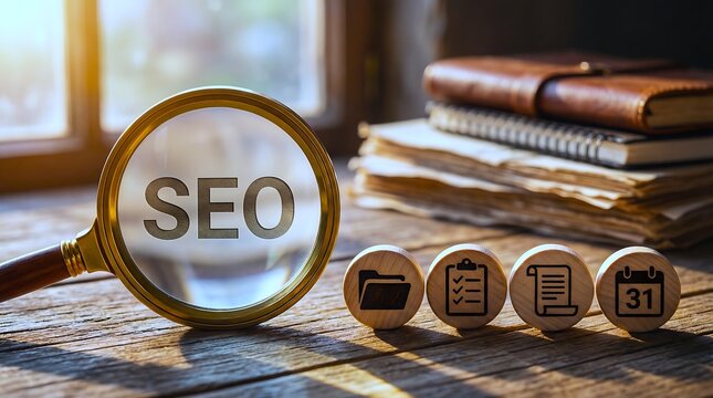 SEO magnifying glass with wooden icons on office desk