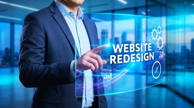 Website redesign concept, businessman touching digital interface for web development, modern online marketing and site optimization strategy