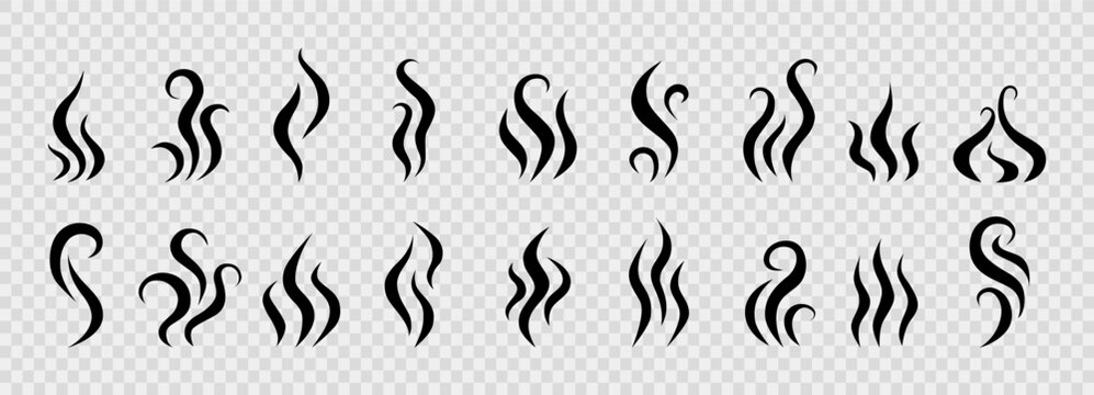 Smoke steam of coffee with smell line icon set. Hand drawn scent stream and wavy aroma doodle lines. Sketch hot vapor steam with smell and cooking fragrance.