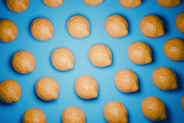Ripe yellow lemons arranged in a neat, staggered grid pattern against a bright blue background. Minimalist 3D render style with realistic textures and soft lighting.