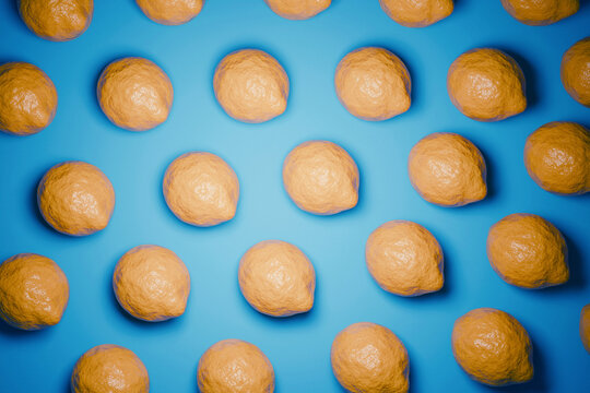 Ripe yellow lemons arranged in a neat, staggered grid pattern against a bright blue background. Minimalist 3D render style with realistic textures and soft lighting.