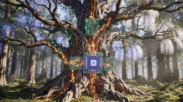 Digital tree with circuit boards and glowing patterns, symbolizing nature and technology.